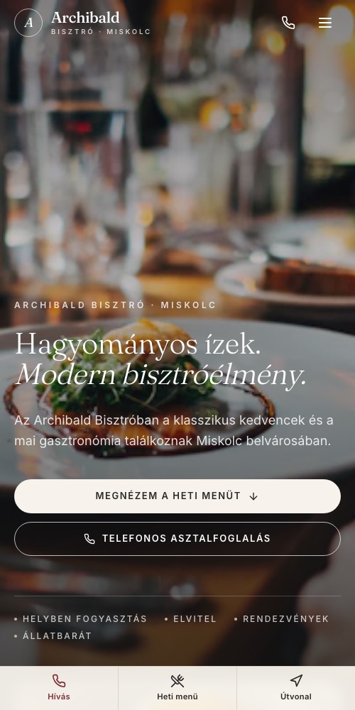A(z) Archibald Bisztró weboldal mobilon