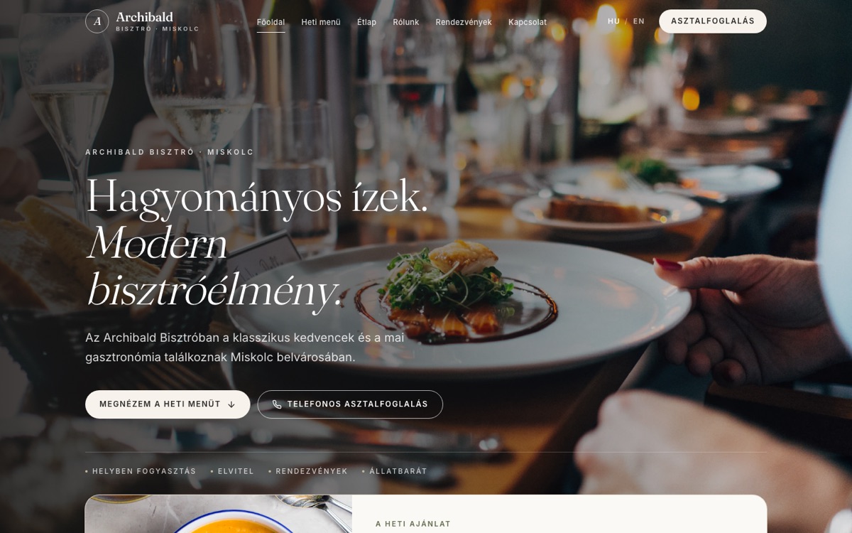 A(z) Archibald Bisztró weboldal nyitóképe