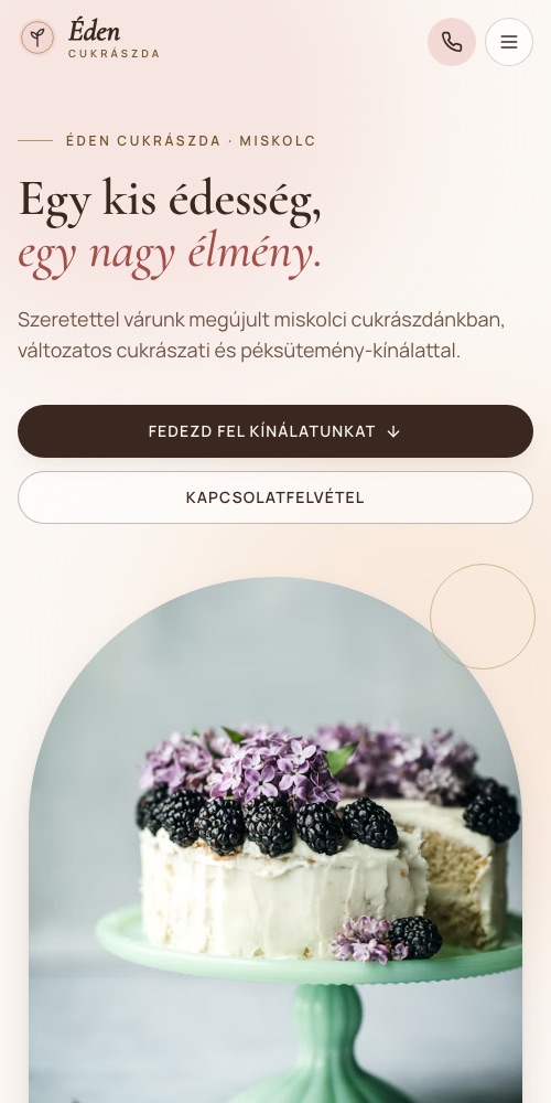 A(z) Éden Cukrászda weboldal mobilon