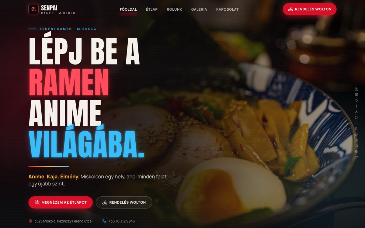 A(z) Senpai Ramen weboldal nyitóképe